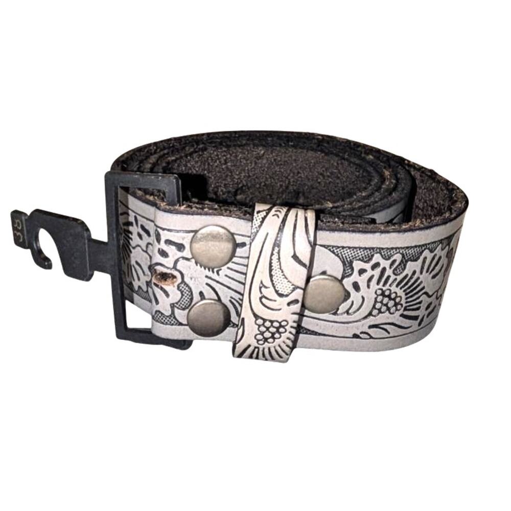 NWT Mens Tooled Leather Belt Gray Black Sz 38 No Buckle Western Cowboy Rodeo